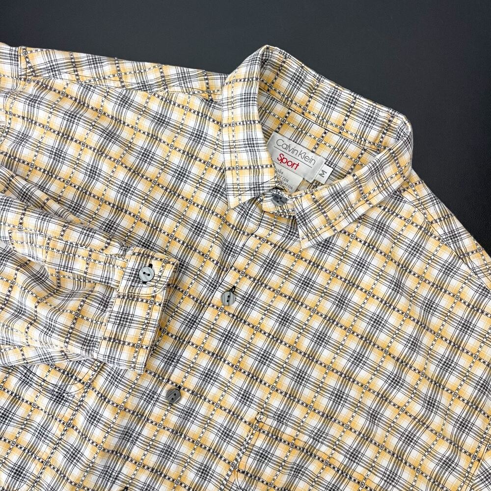 Vintage Calvin Klein Sport Shirt Mens Medium Plaid Embroidered Button Up 80s 90s